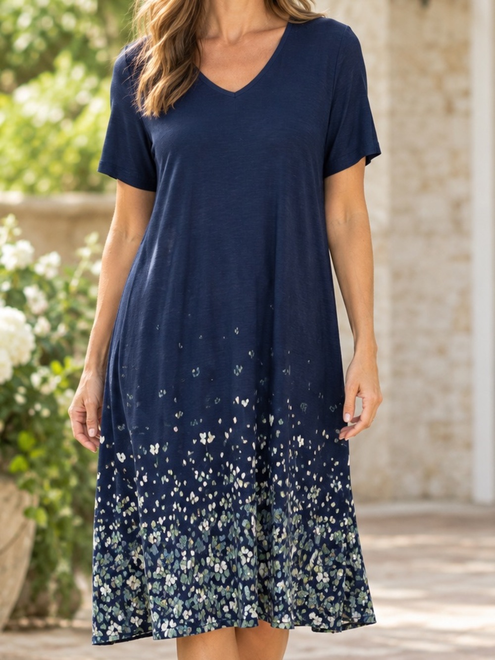 Pure Jill Dress Womens XL Petite Navy Blue Jersey Maxi Short Sleeve Border Print